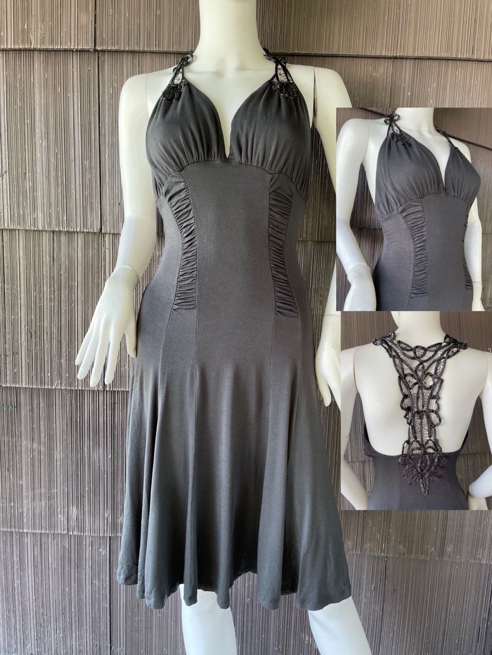 🔥VTG Y2K Unyx Lace Plunged Neck Fitted  Flare Gray Cocktail Knee Length Dress